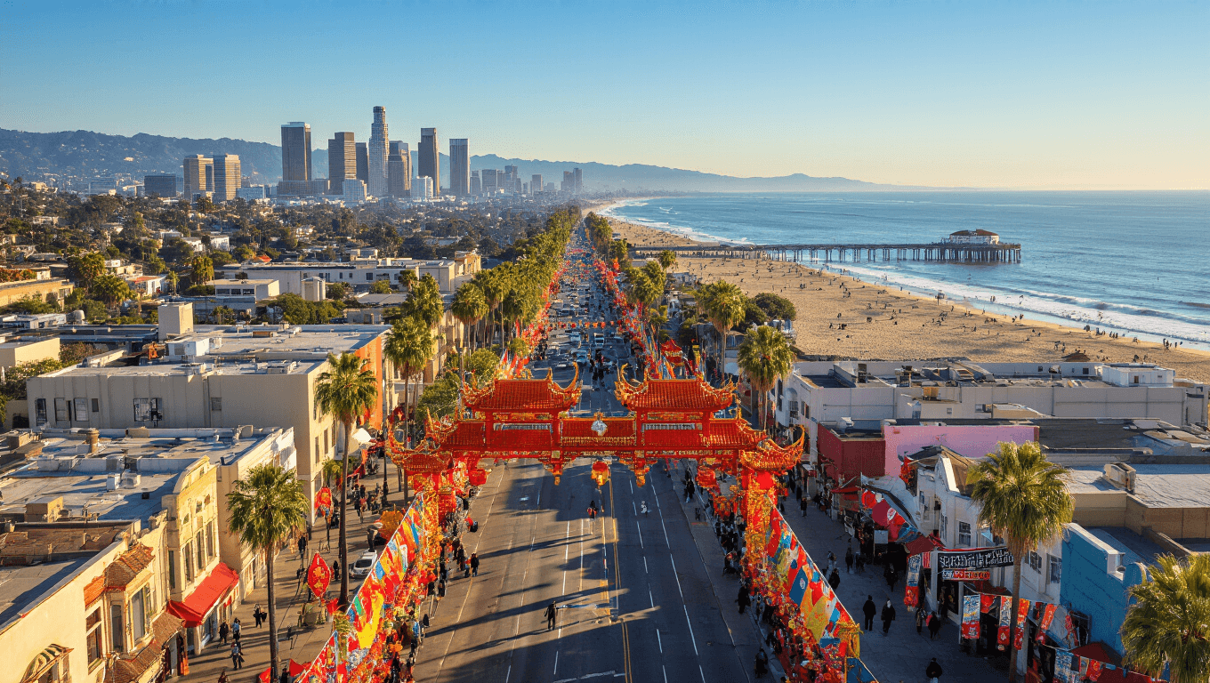 "Aerial view of Los Angeles with Chinatown's Lunar New Year decorations in foreground, downtown skyline, Santa Monica Pier, surfers in the Pacific Ocean, and Griffith Observatory on a clear February afternoon"