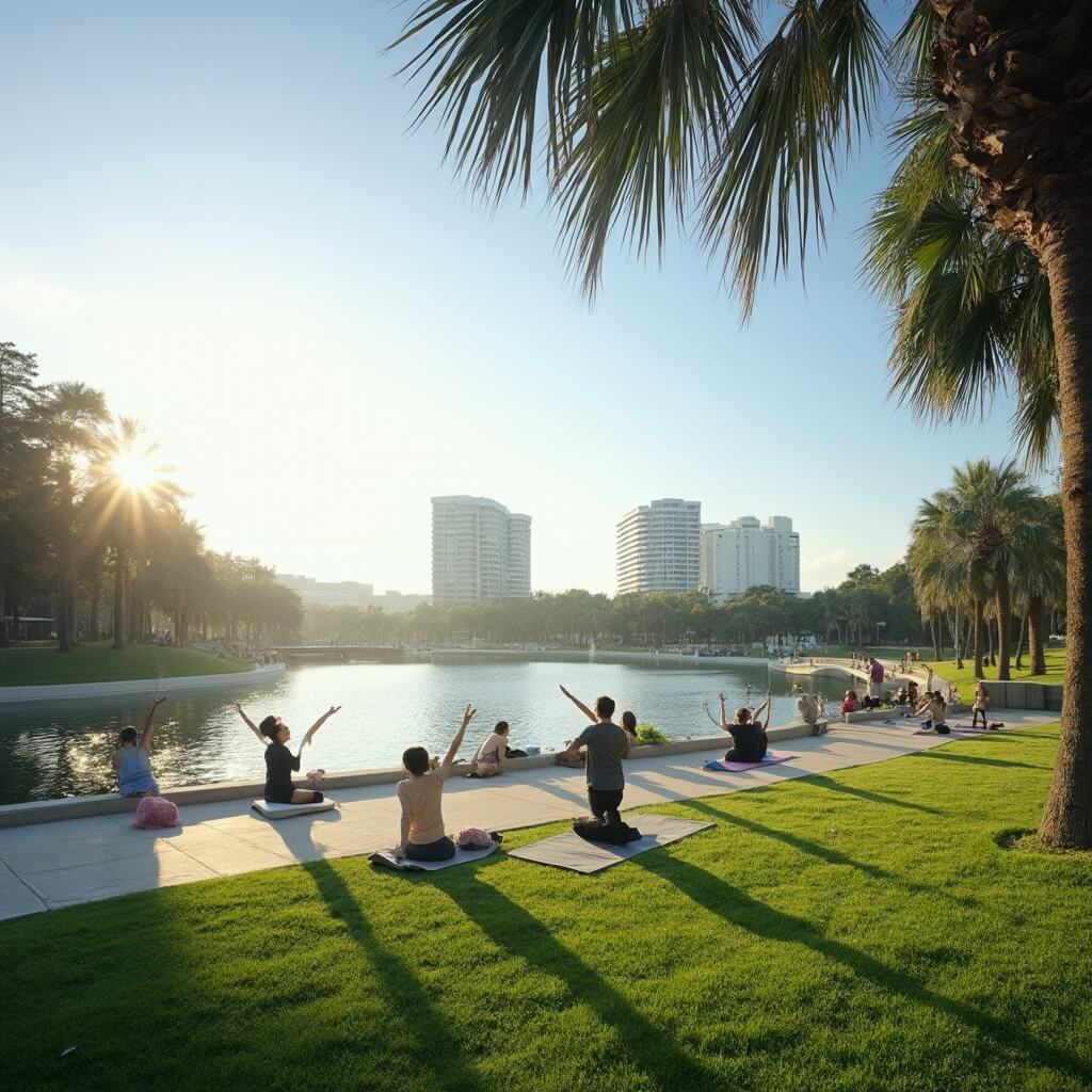 Panoramic view of Lake Eola Park in Orlando on a sunny winter morning, featuring people doing yoga, palm trees, blue sky, lush green grass, and tranquil water reflection with urban landscape in the background
