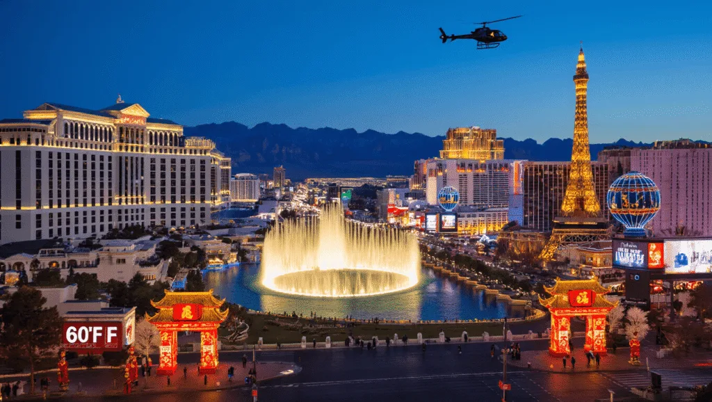 "Winter night cityscape of Las Vegas Strip with Bellagio fountains, Lunar New Year decorations, tourists, a helicopter tour and Red Rock Canyon in the background, under a 60°F clear sky."