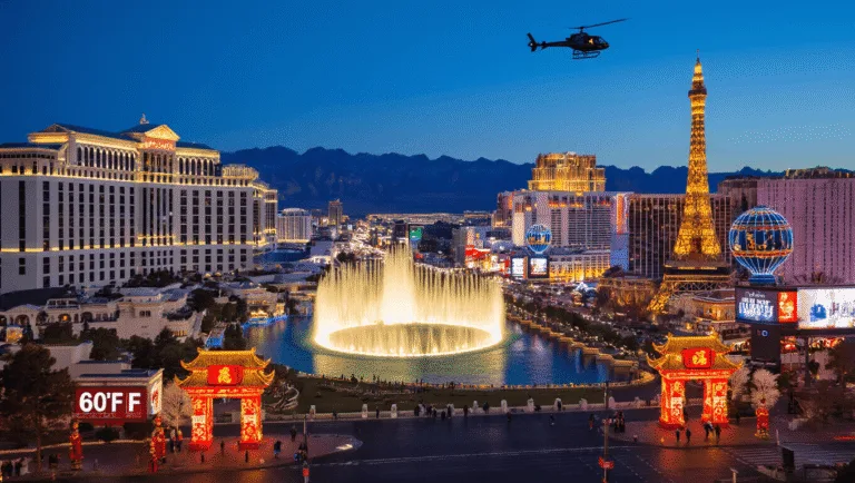 "Winter night cityscape of Las Vegas Strip with Bellagio fountains, Lunar New Year decorations, tourists, a helicopter tour and Red Rock Canyon in the background, under a 60°F clear sky."