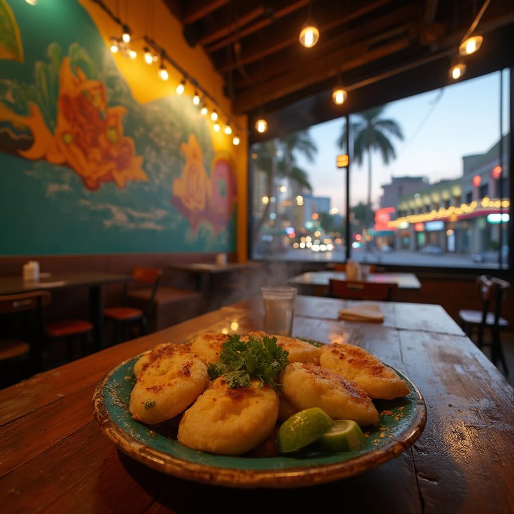 "Dusk setting of Cuban-Venezuelan fusion restaurant in Little Havana, Miami with warm lighting, colorful murals, plate of arepas and view of Miami's palm trees and art deco buildings."