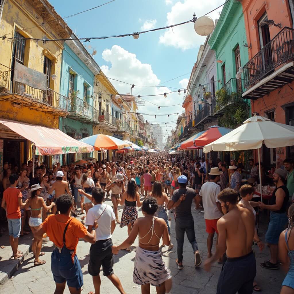 Crowds dancing salsa at the Calle Ocho Festival in Little Havana, Miami, surrounded by vibrant murals, food vendors, and individuals in festive clothing.