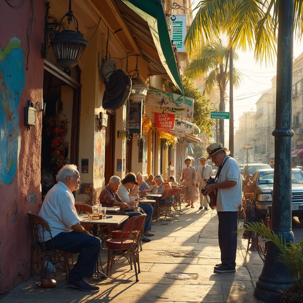 Bustling street scene in Little Havana, Miami with patrons at a sidewalk cafe, colorful Cuban murals, an elderly man playing dominoes, and warm sunlight illuminating the scene.