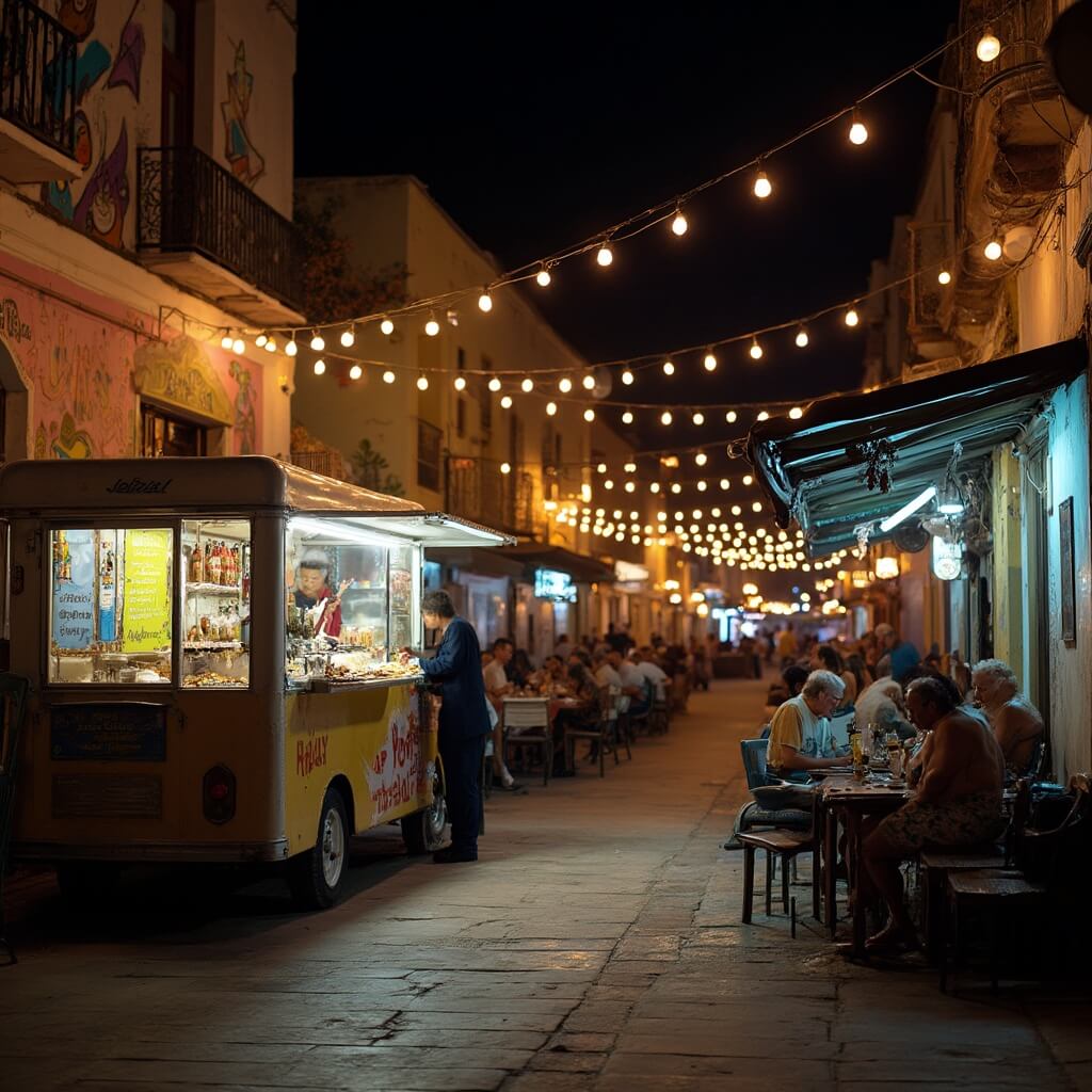Lively street corner in Little Havana, Miami at night with colorful murals, warm lights, locals enjoying Cuban food at outdoor tables, and a food truck, with a feel of salsa music in the air.