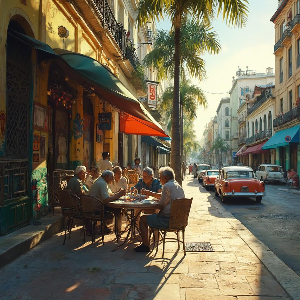 Colorful street scene in Little Havana, Miami with murals, a Cuban café, elderly men playing dominos, classic 1950s cars, and palm trees under the afternoon sun.