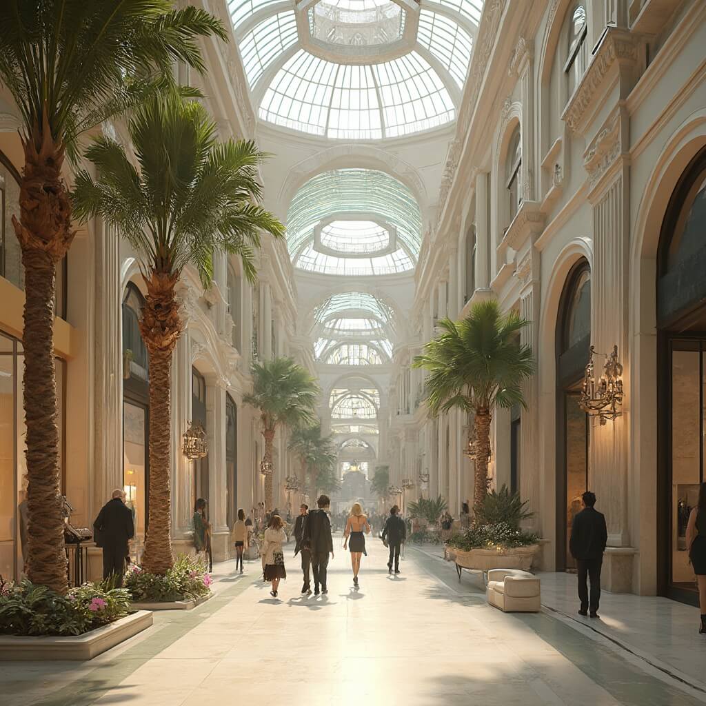 Luxury shopping mall interior with Roman-inspired architecture, marble floors, glass domes, ornate columns, fountains, statues, palm trees, and high-end boutique storefronts