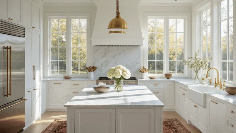 White Shaker Kitchen Cabinets: The Ultimate Design Guide for Timeless Elegance Photorealistic image of a bright, airy kitchen with white shaker cabinets, a Carrara marble island, brass hardware, stainless steel appliances, and natural morning light streaming through floor-to-ceiling windows, featuring decorative elements like a vintage runner and white hydrangeas.