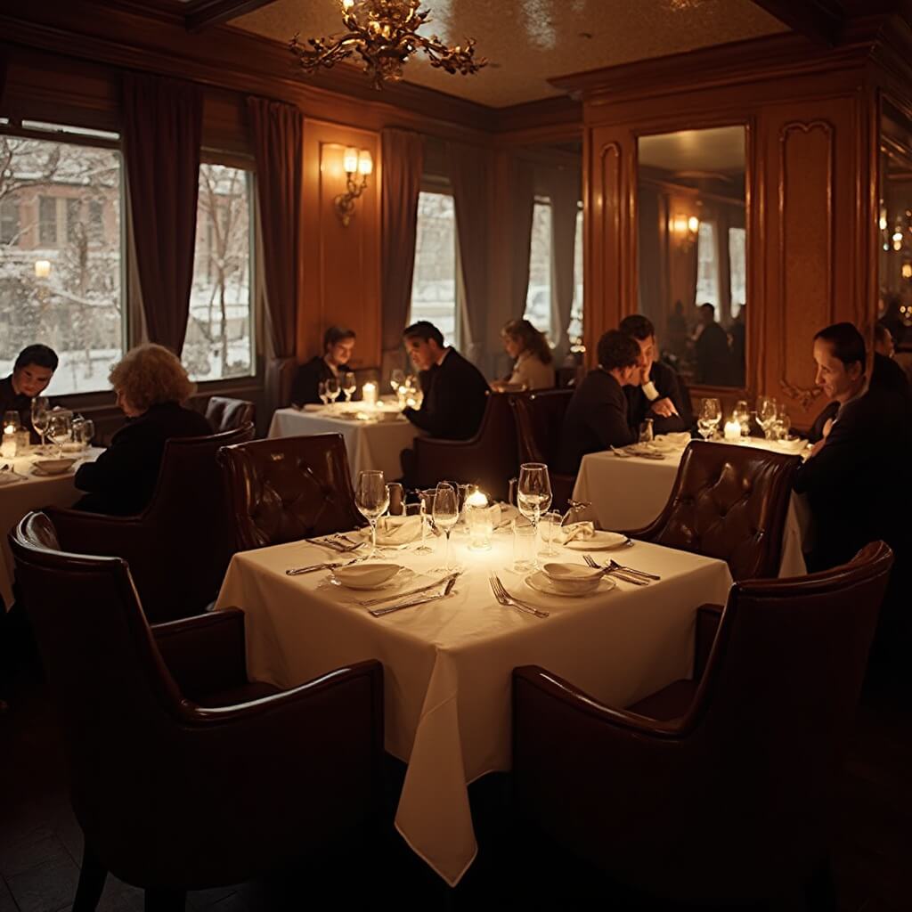 Upscale Manhattan restaurant interior with rich wood paneling, white tablecloths, amber lighting, elegant place settings, leather chairs and sophisticated crowd enjoying their meals in a winter setting with frost-covered windows