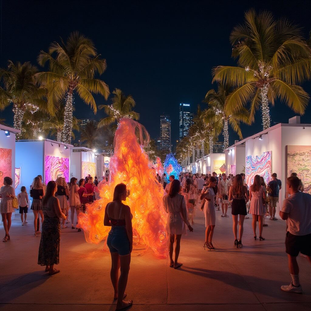 Attendees at a night-time Art Basel exhibition in Miami Beach, interacting with colorful avant-garde art installations under the palm trees and twinkling city skyline.