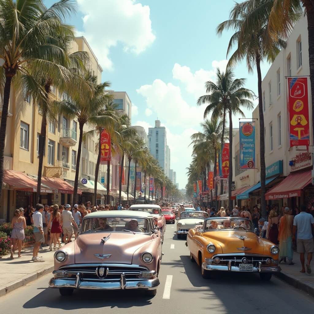 "Vintage cars and people in period costumes on a lively street during the Art Deco Weekend in Miami Beach"