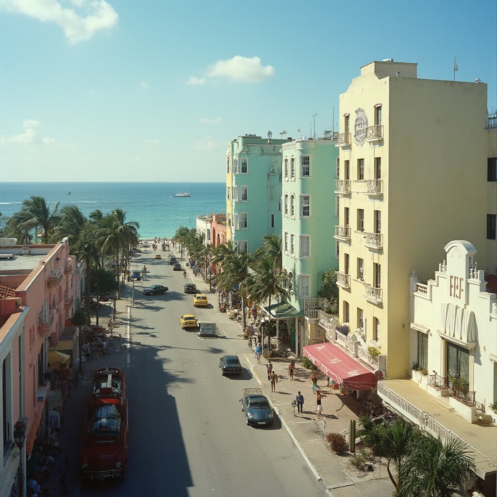 Aerial view of the Art Deco Historic District in Miami Beach with pastel-colored buildings, wide streets, vintage and modern cars, people strolling, and the ocean in the background.