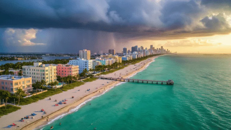 "Aerial drone view of Miami Beach during September featuring Art Deco hotels, turquoise waters, afternoon storm clouds, sun rays illuminating a less-crowded beach, swaying palm trees, South Pointe Park, and Wynwood's colorful walls during golden hour."
