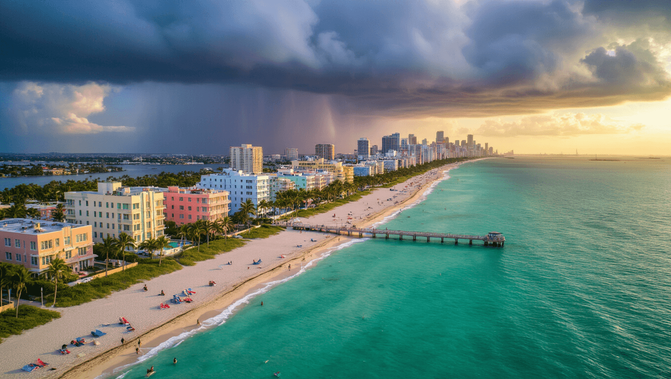 "Aerial drone view of Miami Beach during September featuring Art Deco hotels, turquoise waters, afternoon storm clouds, sun rays illuminating a less-crowded beach, swaying palm trees, South Pointe Park, and Wynwood's colorful walls during golden hour."
