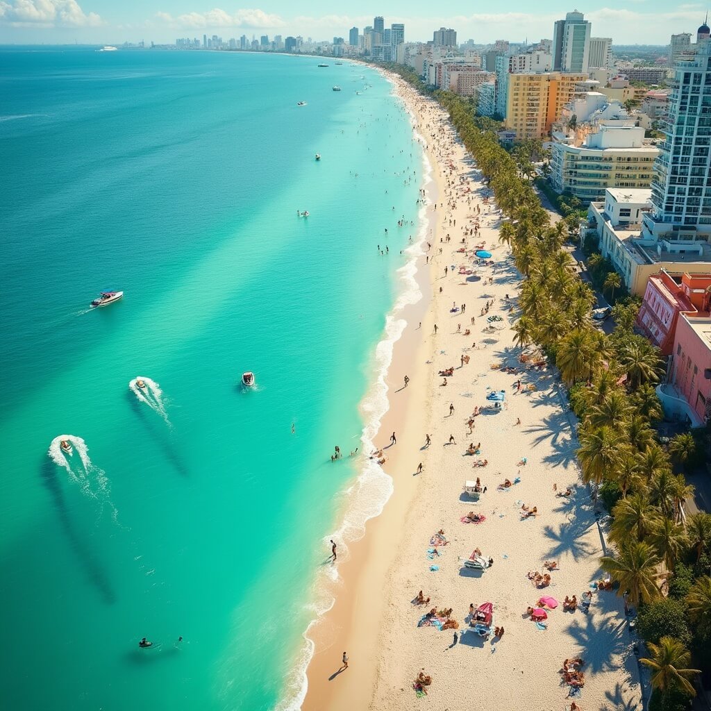 Aerial view of South Beach, Miami with turquoise waters, white sand beaches, colorful Art Deco buildings, beachgoers, boats, and palm trees under golden sunlight.