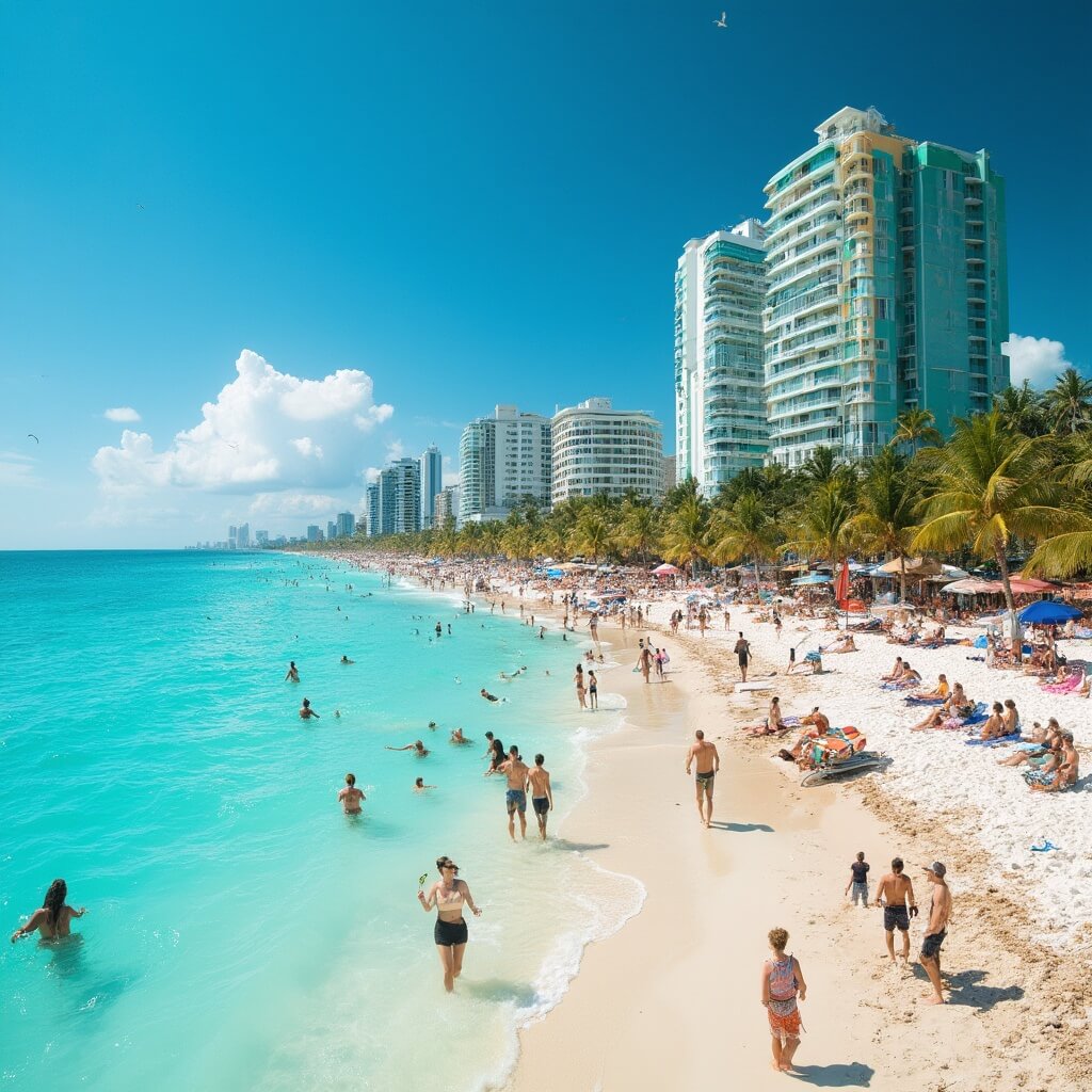 Diverse beachgoers participating in various activities on a sunny Miami Beach in April, with palm trees, turquoise ocean, white sand, pastel-colored Art Deco buildings, and seagulls in the sky.