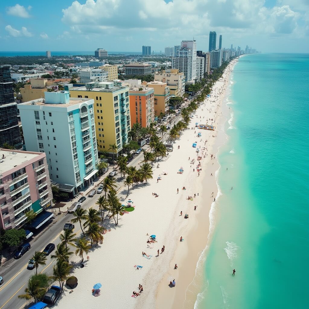 Aerial view of South Beach's Art Deco district with pastel-colored buildings, turquoise Atlantic waters, lined palm trees, and people enjoying the white sandy beach