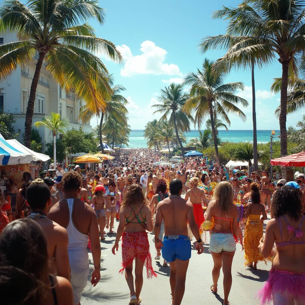 Colorful Caribbean street festival in Miami Beach with dancers, food stalls, and palm trees, with ocean in the background