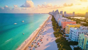 "Aerial view of Miami Beach's coastline during golden hour featuring the pastel-colored Art Deco district, crystal-clear turquoise waters, white sand beaches with colorful umbrellas, palm trees, luxury yachts in the distance, and the Formula 1 track layout in the background"