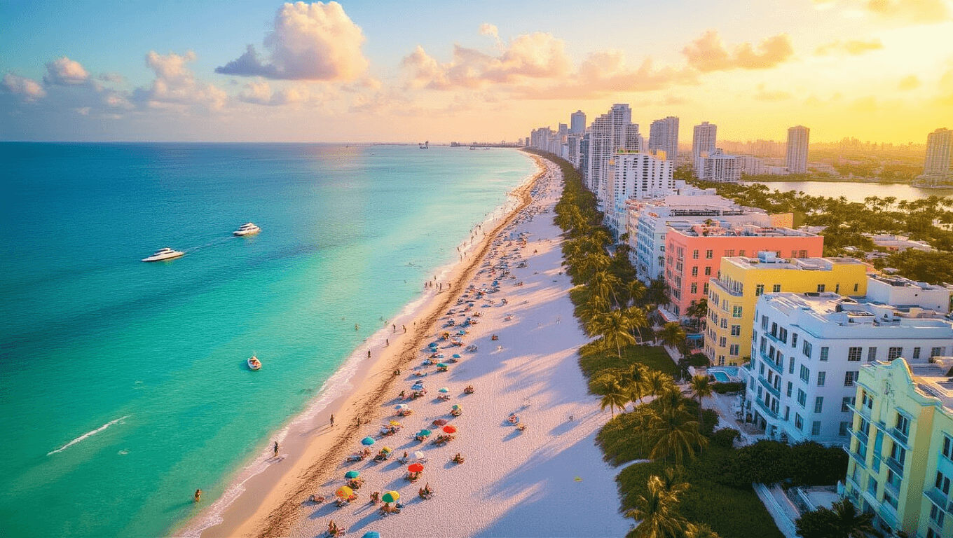 "Aerial view of Miami Beach's coastline during golden hour featuring the pastel-colored Art Deco district, crystal-clear turquoise waters, white sand beaches with colorful umbrellas, palm trees, luxury yachts in the distance, and the Formula 1 track layout in the background"