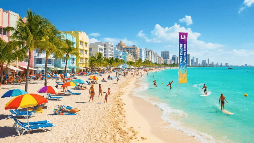 "Vibrant Miami beach with turquoise waters, colorful beach umbrellas, lively beach activities, Art Deco buildings, and banners for Ultra Music Festival and Miami Open in March."