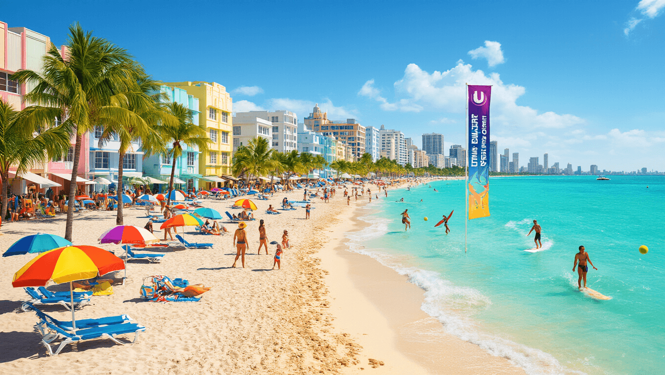 "Vibrant Miami beach with turquoise waters, colorful beach umbrellas, lively beach activities, Art Deco buildings, and banners for Ultra Music Festival and Miami Open in March."