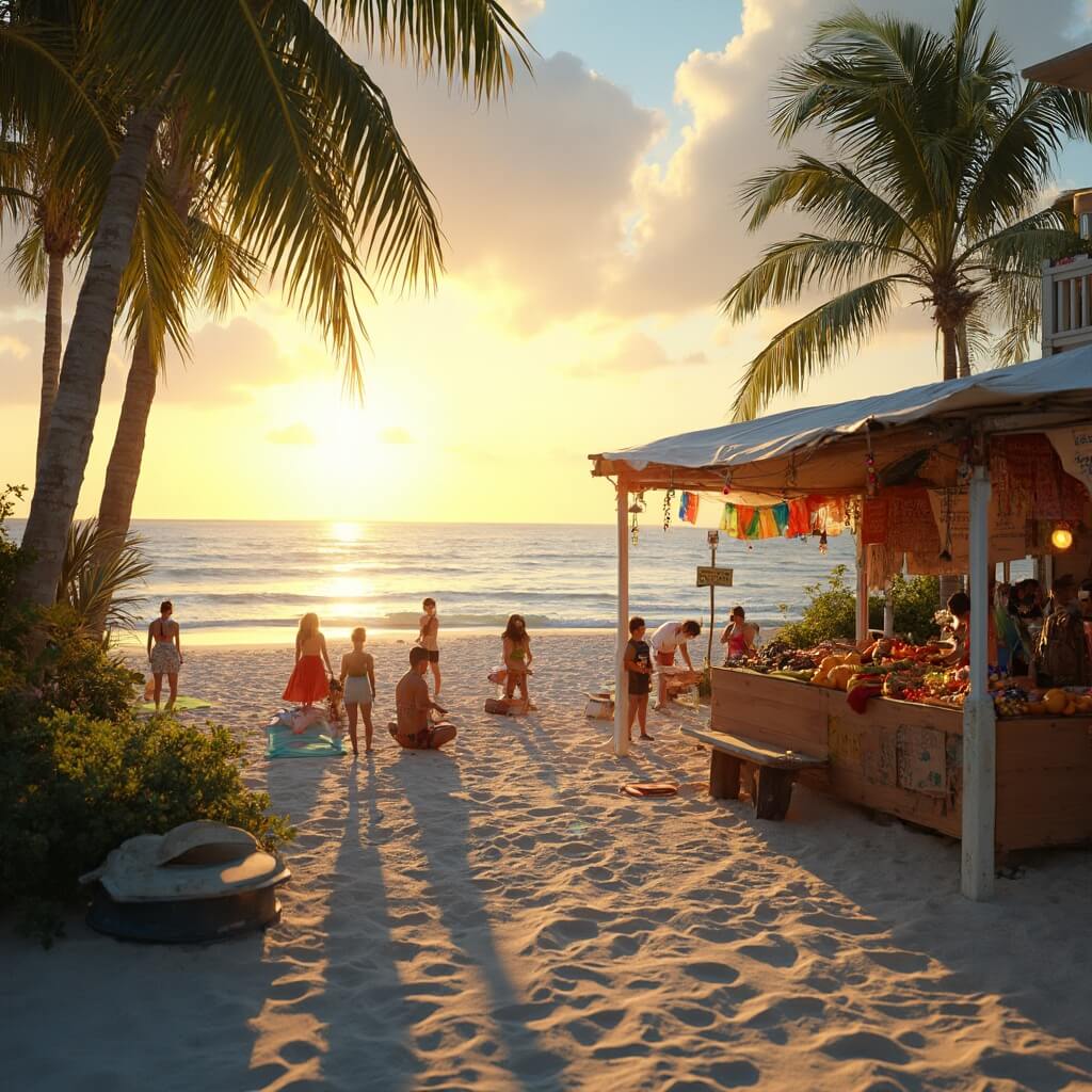 Early morning at a local Miami Beach farmer's market with a yoga class by the ocean, colorful produce stands, artisan booths, and a small cafe opening.