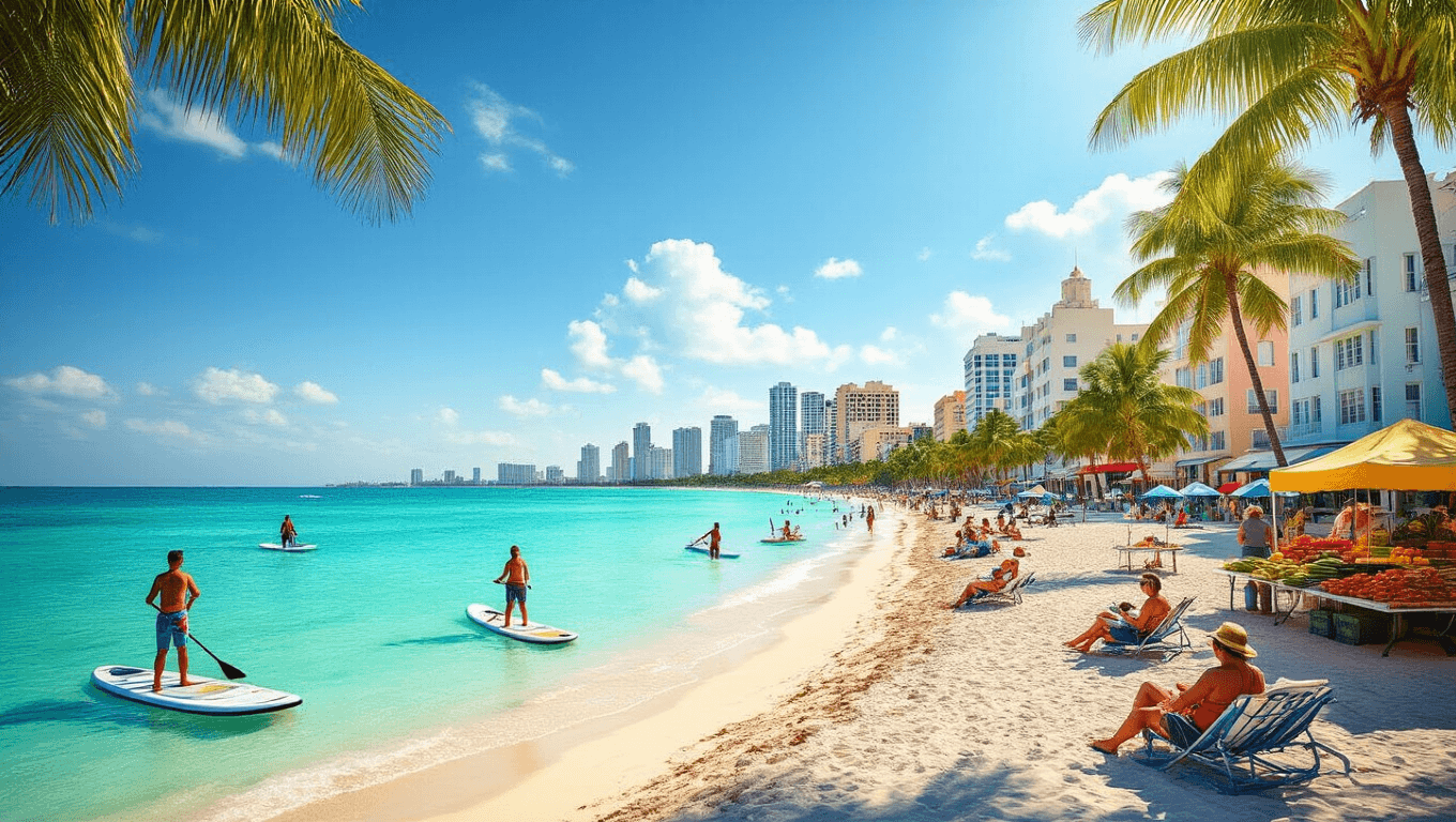 "Sunlit Miami Beach in November with turquoise waters, fewer crowds, people enjoying activities like paddleboarding, a small farmer's market, and iconic Art Deco buildings in the background."