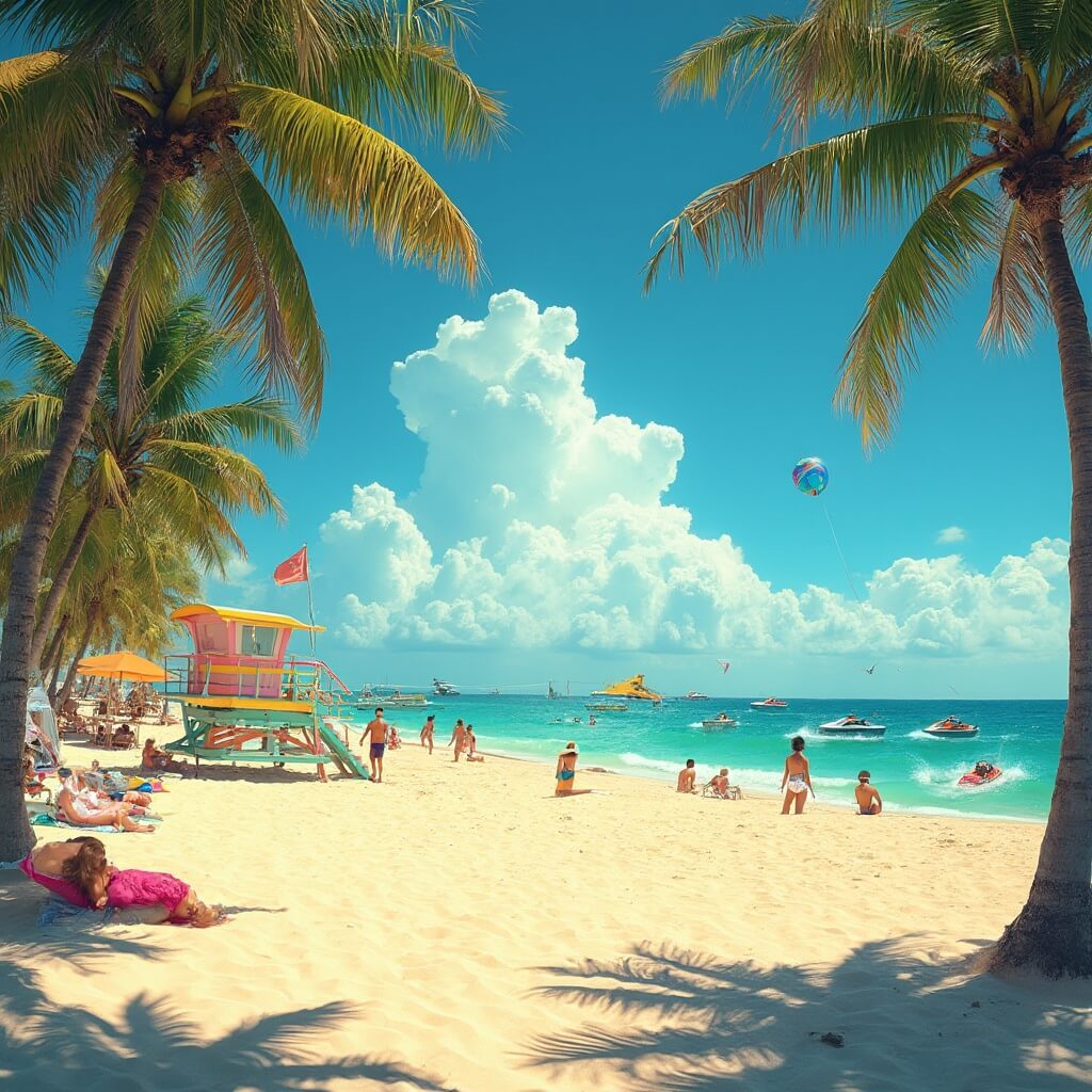 Beachgoers relaxing on Miami Beach with palm trees, Art Deco buildings, paddleboarders in turquoise waters, and a blue sky in summer.