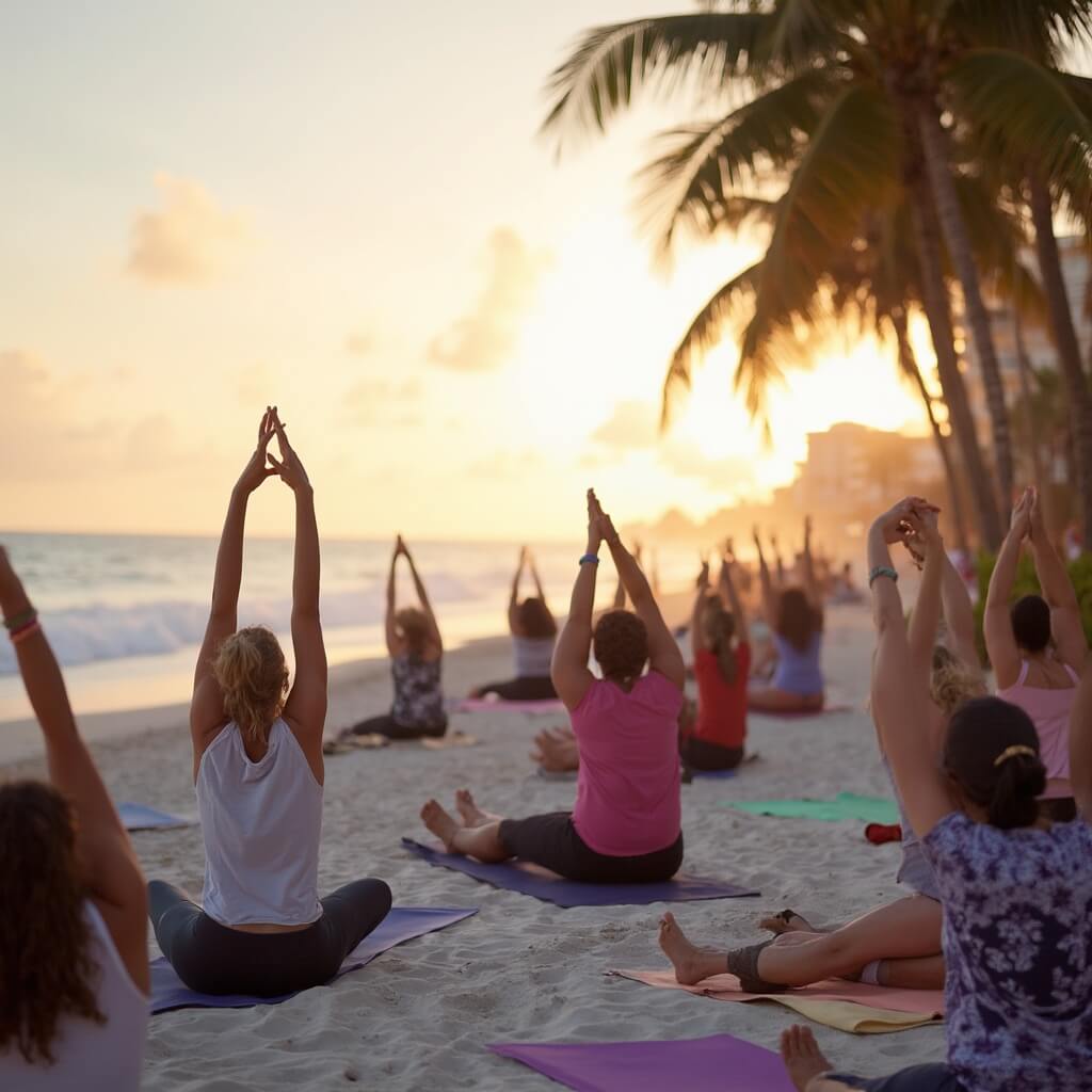 "Aerial sunrise view of Miami Beach highlighting art deco structures and modern skyscrapers, beach yoga session, beach clean-up crew, paddle boarders on turquoise waters, swaying palm trees, and early morning joggers on boardwalk."