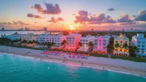 "Aerial sunset view of Miami Beach coastline, featuring Art Deco buildings, colorful beach umbrellas, palm trees, paddleboarders in turquoise waters, and a vibrant sky with pink hues"