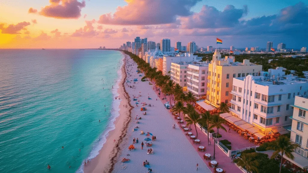 "Aerial view of Miami Beach at sunset with Art Deco buildings, turquoise waters, sandy beaches, palm trees, people, boats, pride flags, and outdoor café tables."