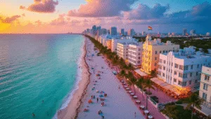 "Aerial view of Miami Beach at sunset with Art Deco buildings, turquoise waters, sandy beaches, palm trees, people, boats, pride flags, and outdoor café tables."