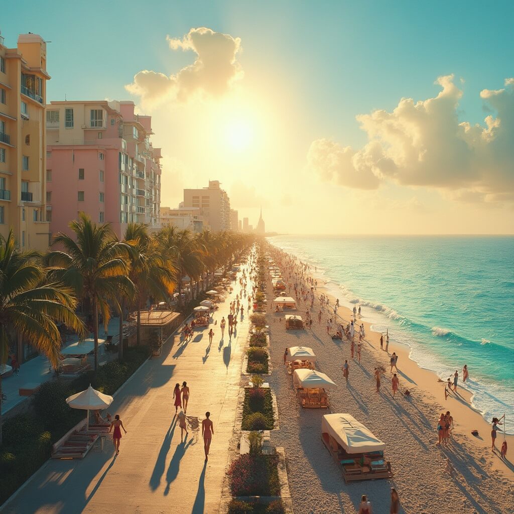 "Aerial view of Miami Beach at sunset with Art Deco buildings, turquoise waters, sandy beaches, palm trees, people, boats, pride flags, and outdoor café tables."