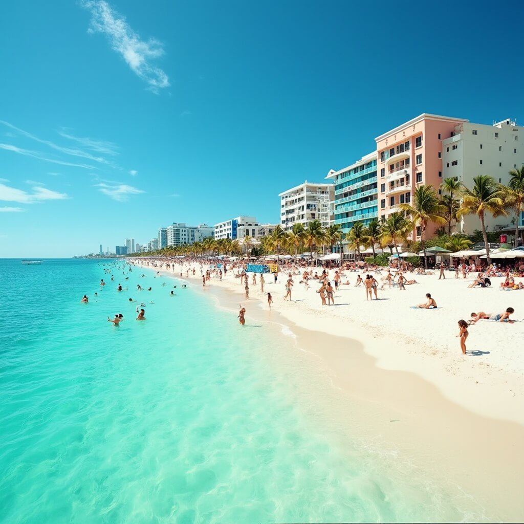 Sunny Miami Beach scene with turquoise waters, white sand beach, palm trees, colorful Art Deco buildings, people sunbathing, playing volleyball and swimming under a bright blue sky