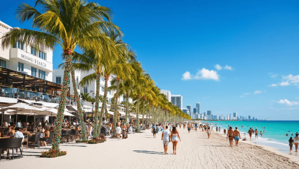 "Sunny December Miami Beach scene showing holiday-lit palm trees, Art Basel exhibits, people in summer attire, rooftop bars and outdoor dining, embodying a winter paradise vibe."