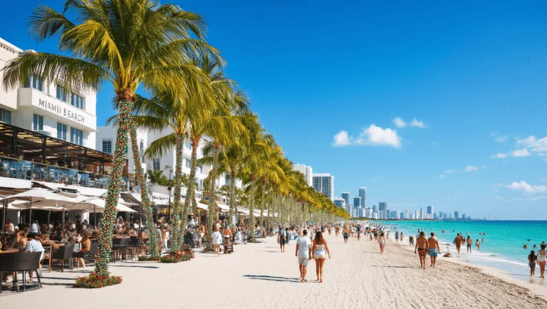 "Sunny December Miami Beach scene showing holiday-lit palm trees, Art Basel exhibits, people in summer attire, rooftop bars and outdoor dining, embodying a winter paradise vibe."