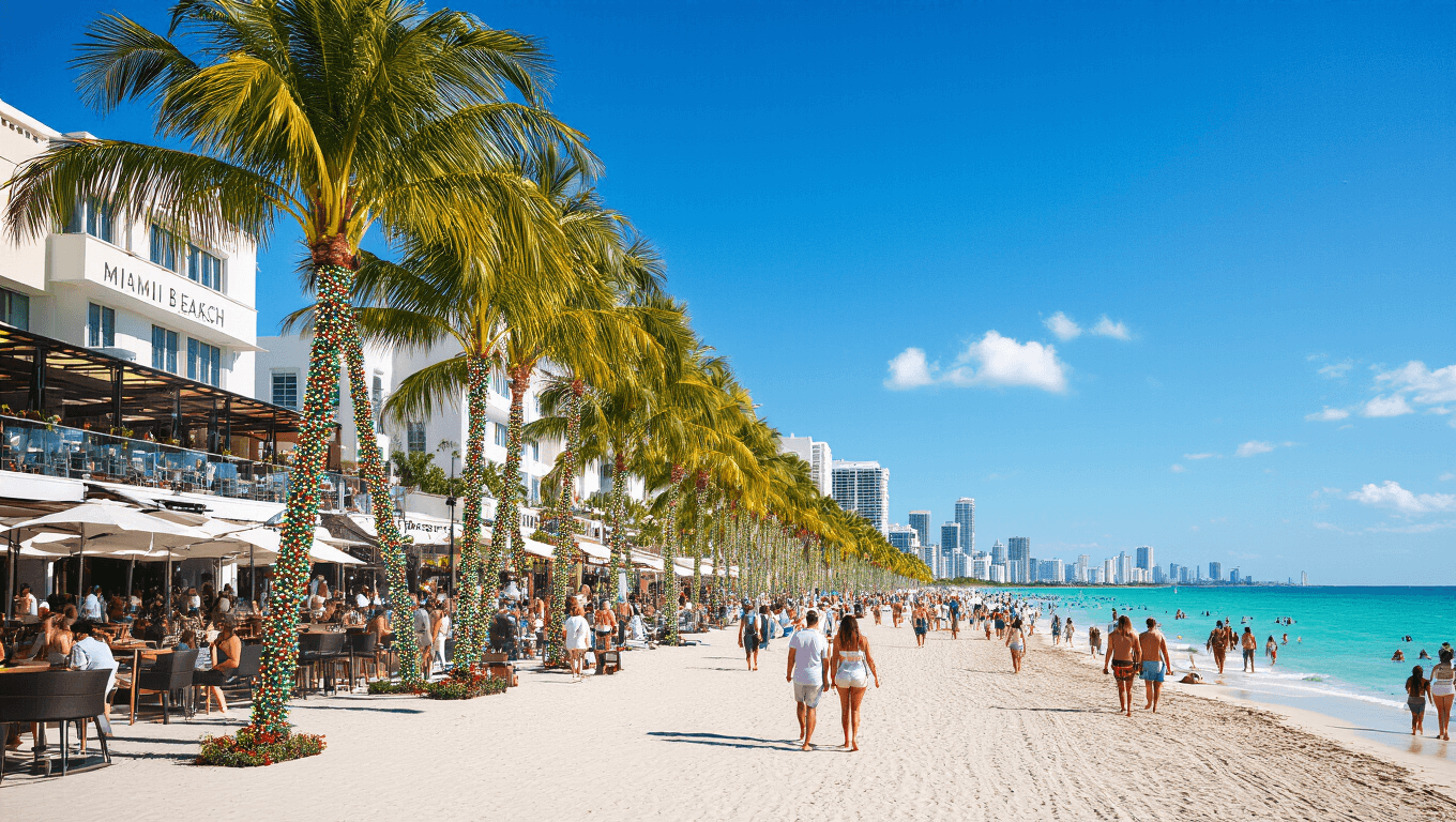 "Sunny December Miami Beach scene showing holiday-lit palm trees, Art Basel exhibits, people in summer attire, rooftop bars and outdoor dining, embodying a winter paradise vibe."