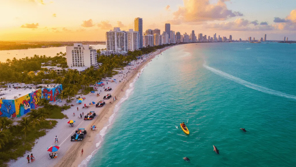 "Aerial view of Miami Beach with Formula 1 race cars, Wynwood Walls murals, kayaker in Biscayne Bay at sunset with dolphins, and vibrant Miami skyline with local crowd enjoying outdoor activities."