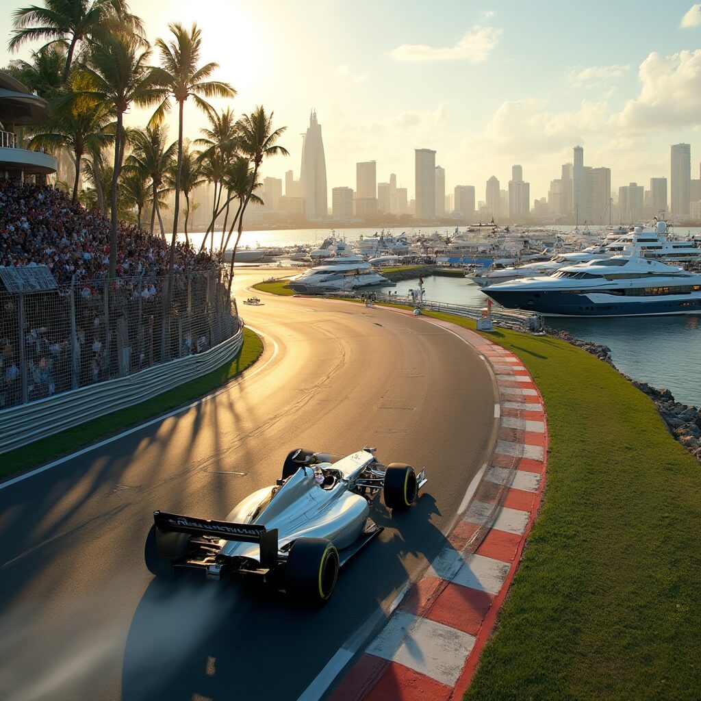Aerial view of a Formula 1 race car speeding along a coastal track in Miami, with the city skyline, ocean, spectator stands, palm trees and yachts lining the marina visible in the golden late afternoon light.