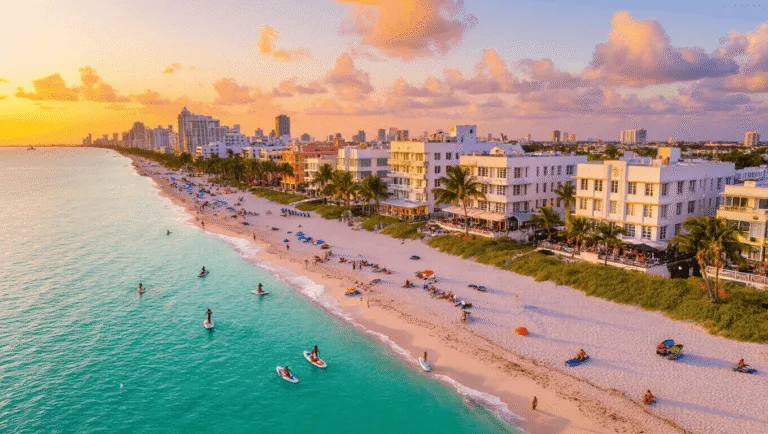 "Aerial view of Miami Beach at sunset in October, featuring Art Deco buildings with Halloween decorations, palm trees, turquoise waters, white sand beaches, beachgoers, paddleboarders, jet skiers, rooftop bars and colorful umbrellas"