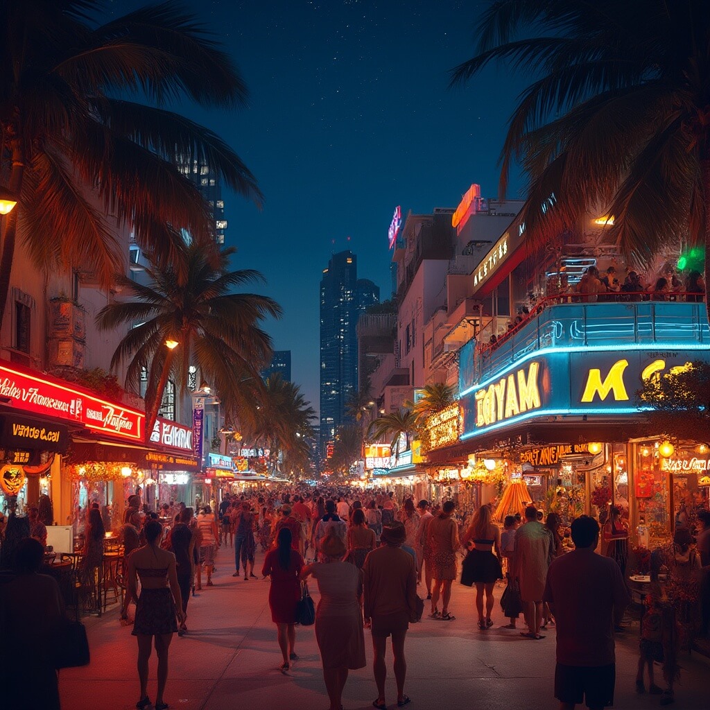 Halloween celebrations on a vibrant night in Miami Beach with costumed partygoers, neon-lit Art Deco hotels, decorated storefronts and palm trees. Rooftop bar full of people, street performers, food vendors and distant skyscrapers under a starry sky can be seen.