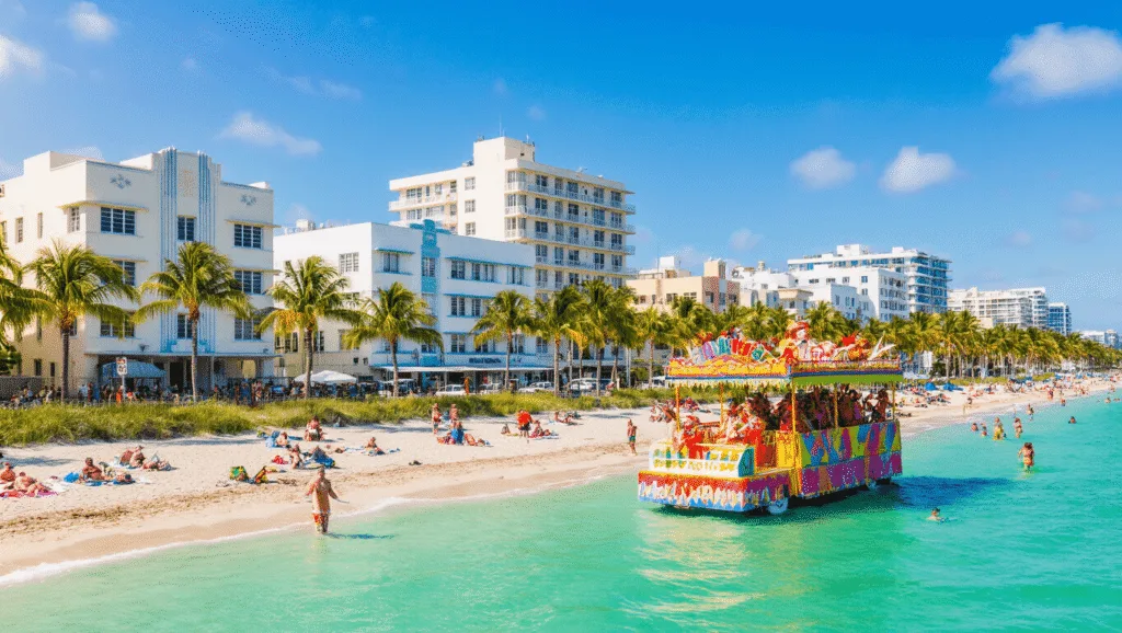 "Art Deco buildings and palm trees lining a Miami beach with sunbathers and swimmers in turquoise waters, under a clear sky in January, as a colorful King Mango Strut Parade float with costumed performers passes in the foreground."