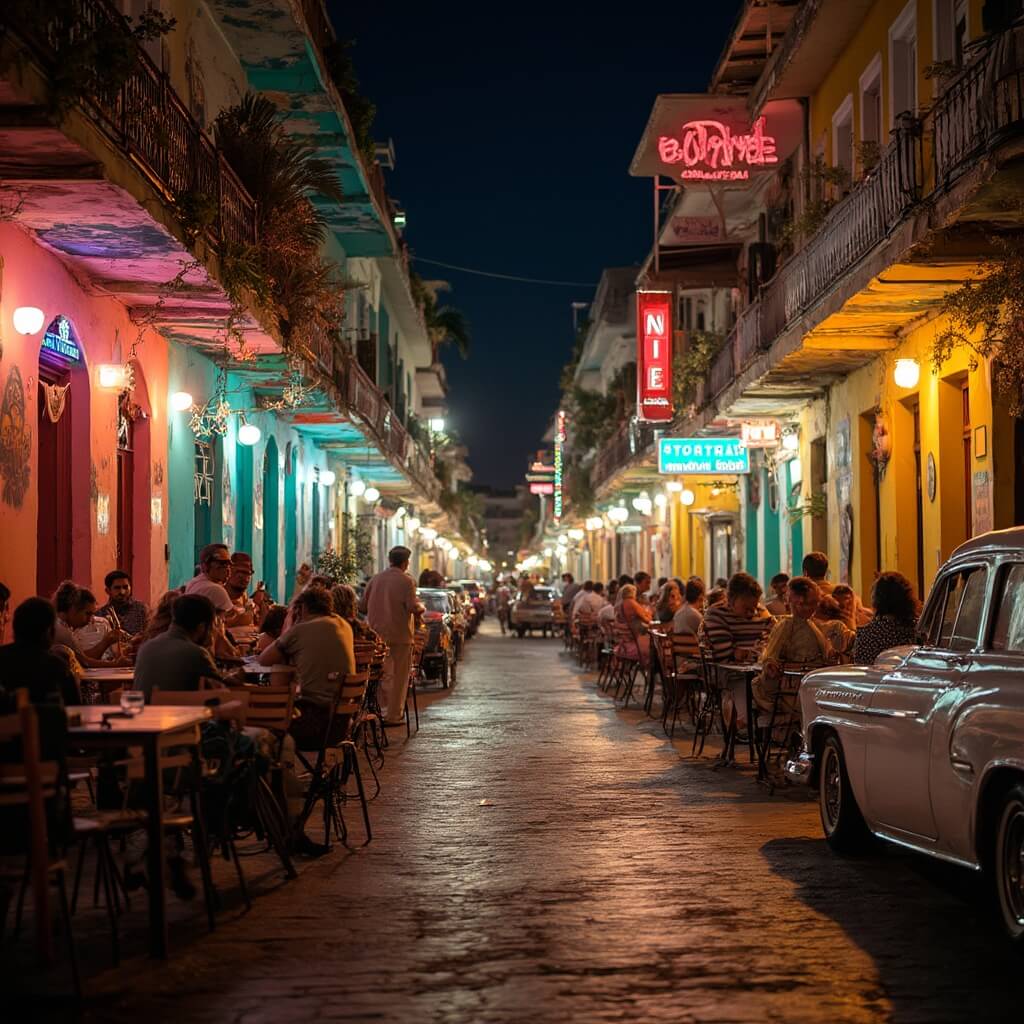 Colorful nighttime street scene in Little Havana, Miami with illuminated murals, neon signs, street performers, outdoor cafes, vintage cars, and vibrant cultural ambiance.