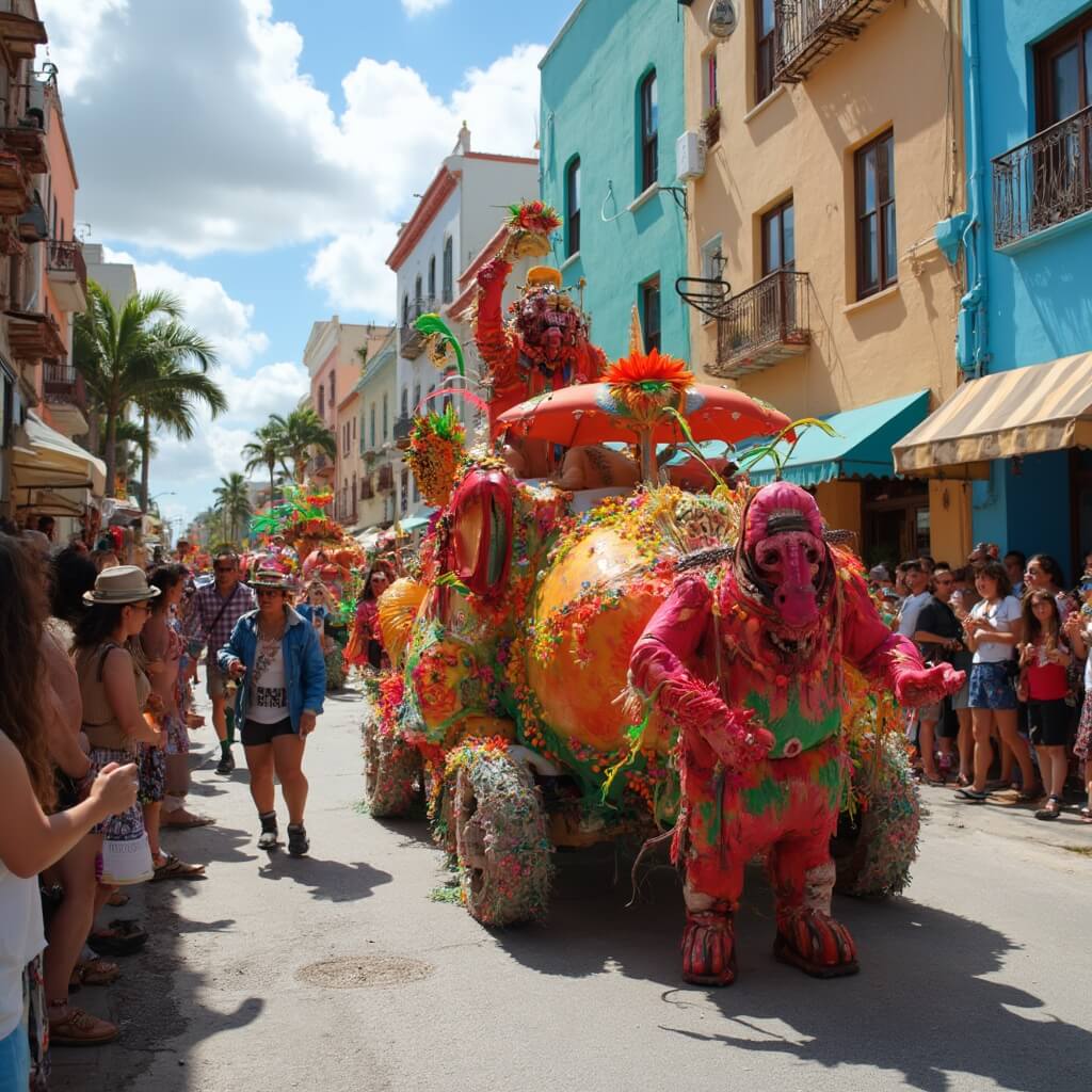 Colorful floats, performers in quirky costumes and joyous spectators at the King Mango Strut Parade in Miami, with historic pastel buildings and neon signs in the background.