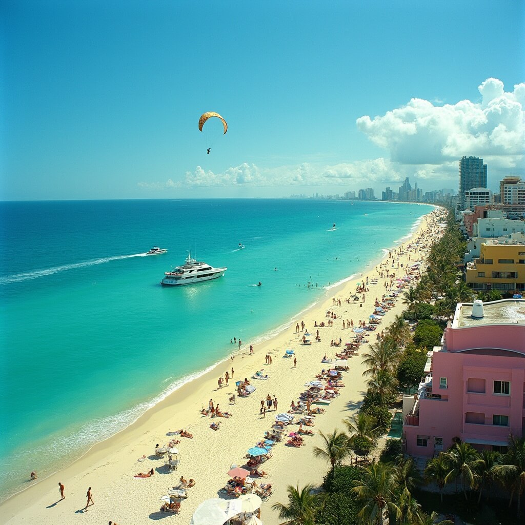 Aerial view of Miami's South Beach with turquoise waters, golden sand beaches, colorful art deco buildings, palm trees, beachgoers, yachts, and parasailers on a sunny day