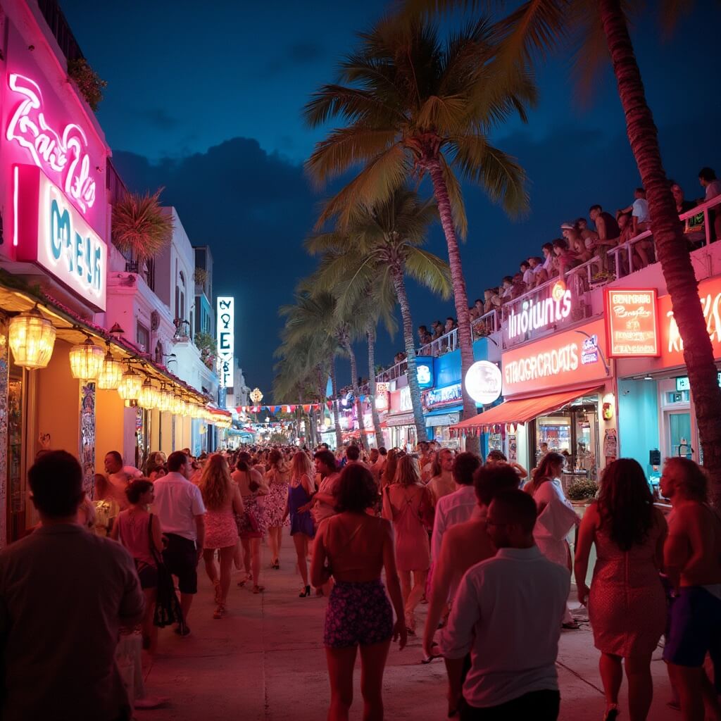 Nighttime view of Miami's South Beach district in June, with neon-lit Art Deco hotels, silhouetted palm trees, and people enjoying nightlife on Ocean Drive.