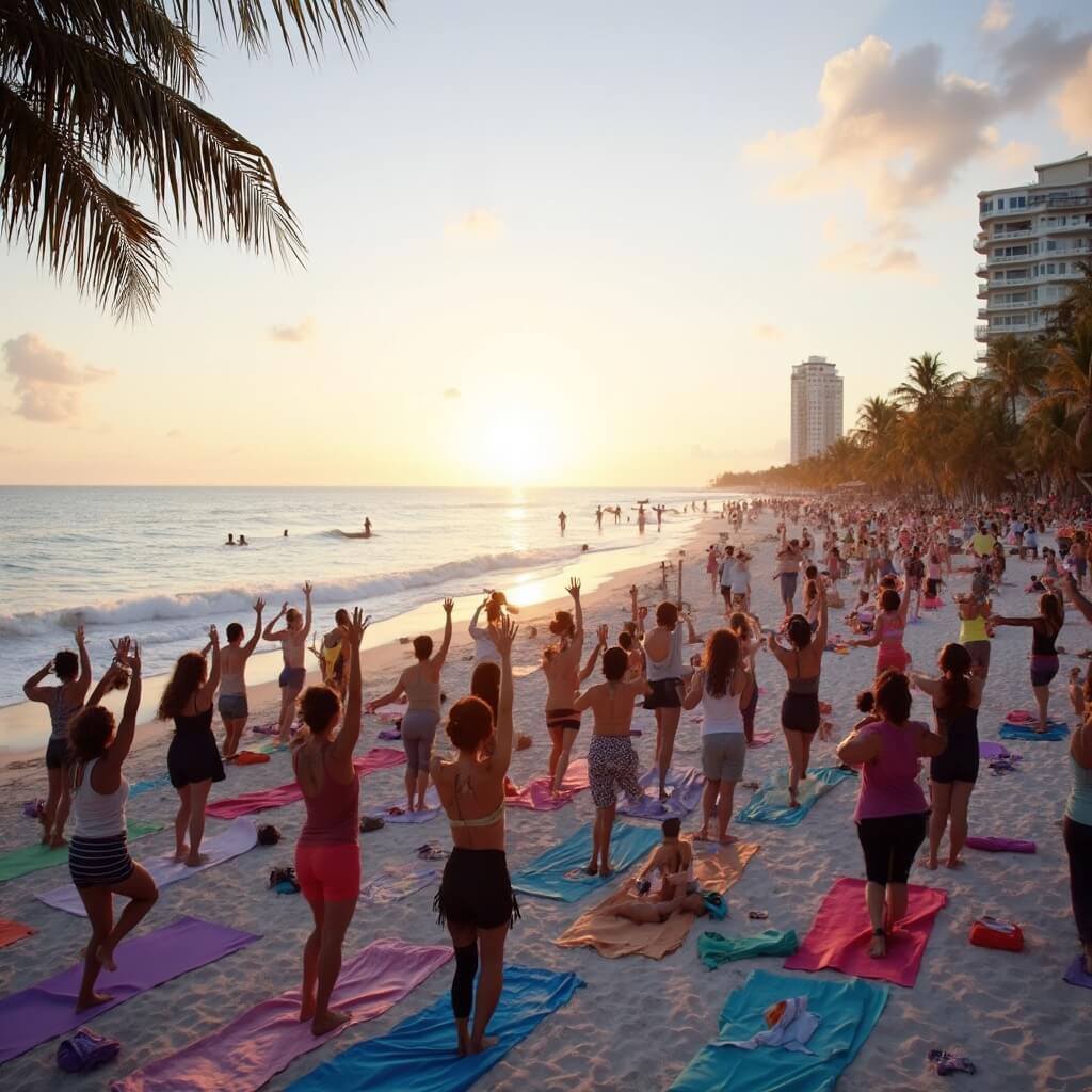 Diverse group participating in a beachfront yoga class at sunrise in Miami Beach, with surfers, gentle waves, palm trees and a pastel-colored sky in the background.
