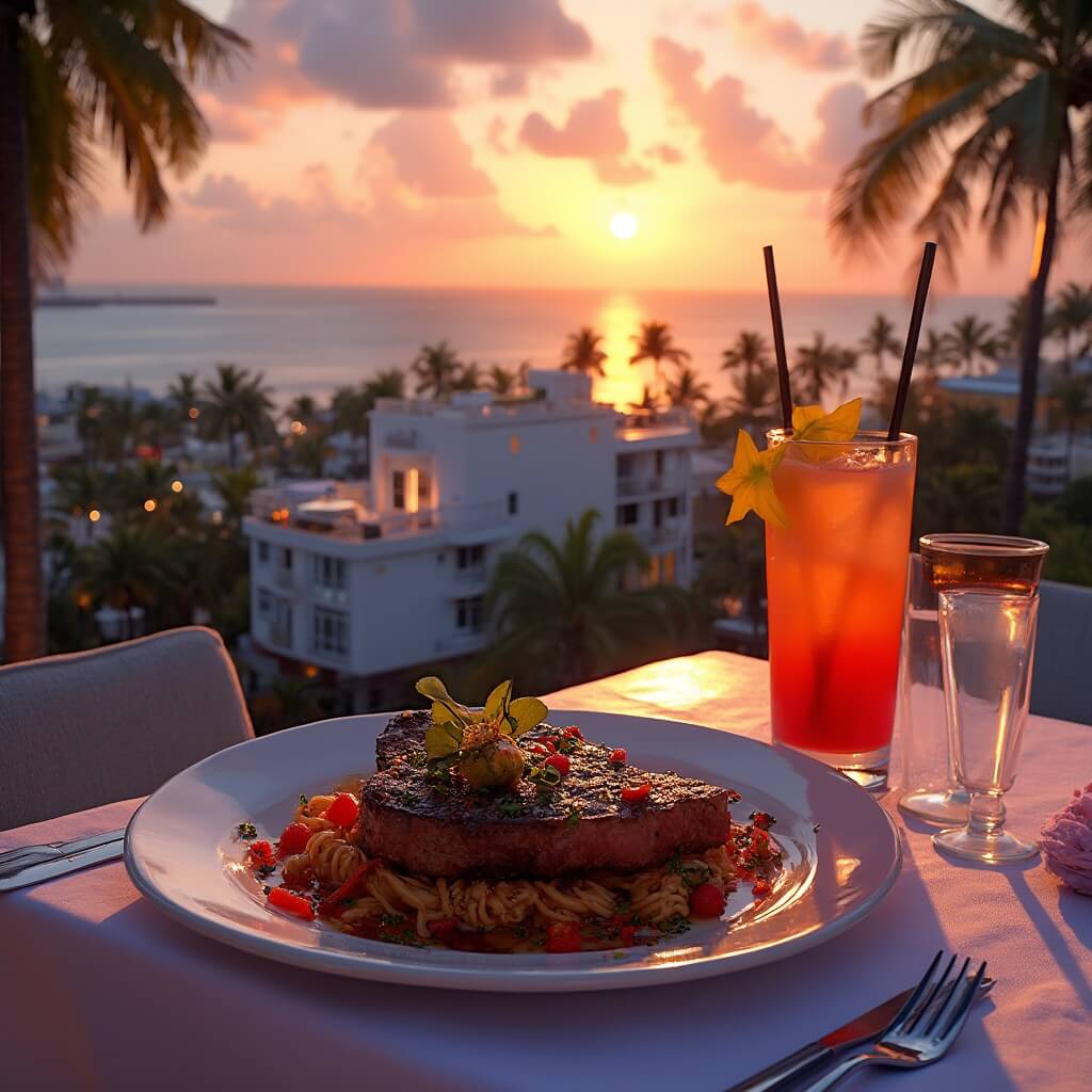 Rooftop restaurant scene in Miami at sunset featuring a steak dish and tropical cocktail on the table, with a view of Ocean Drive, palm trees, art deco buildings, and the ocean reflecting the warm sunset colors in the background.
