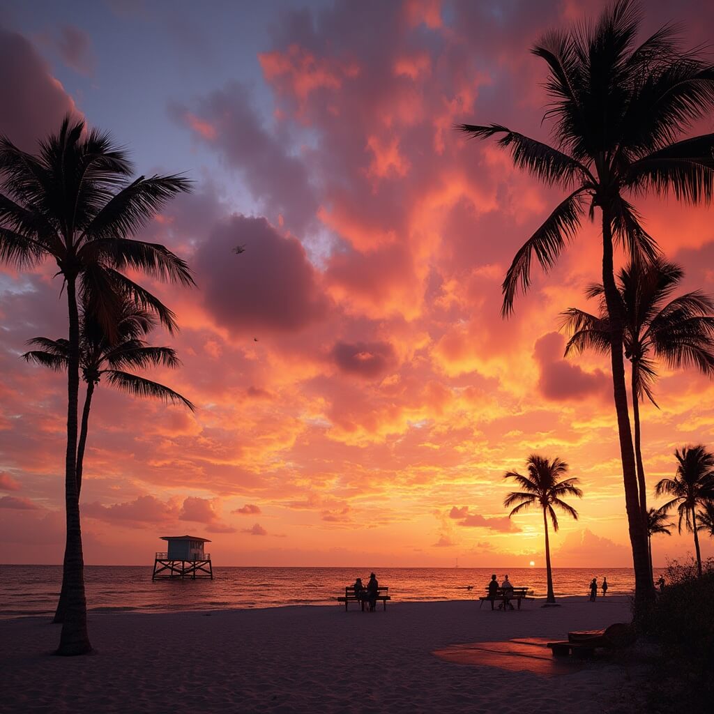 Colorful sunset at South Pointe Park, Miami Beach with people enjoying the view and iconic lifeguard stands in the distance