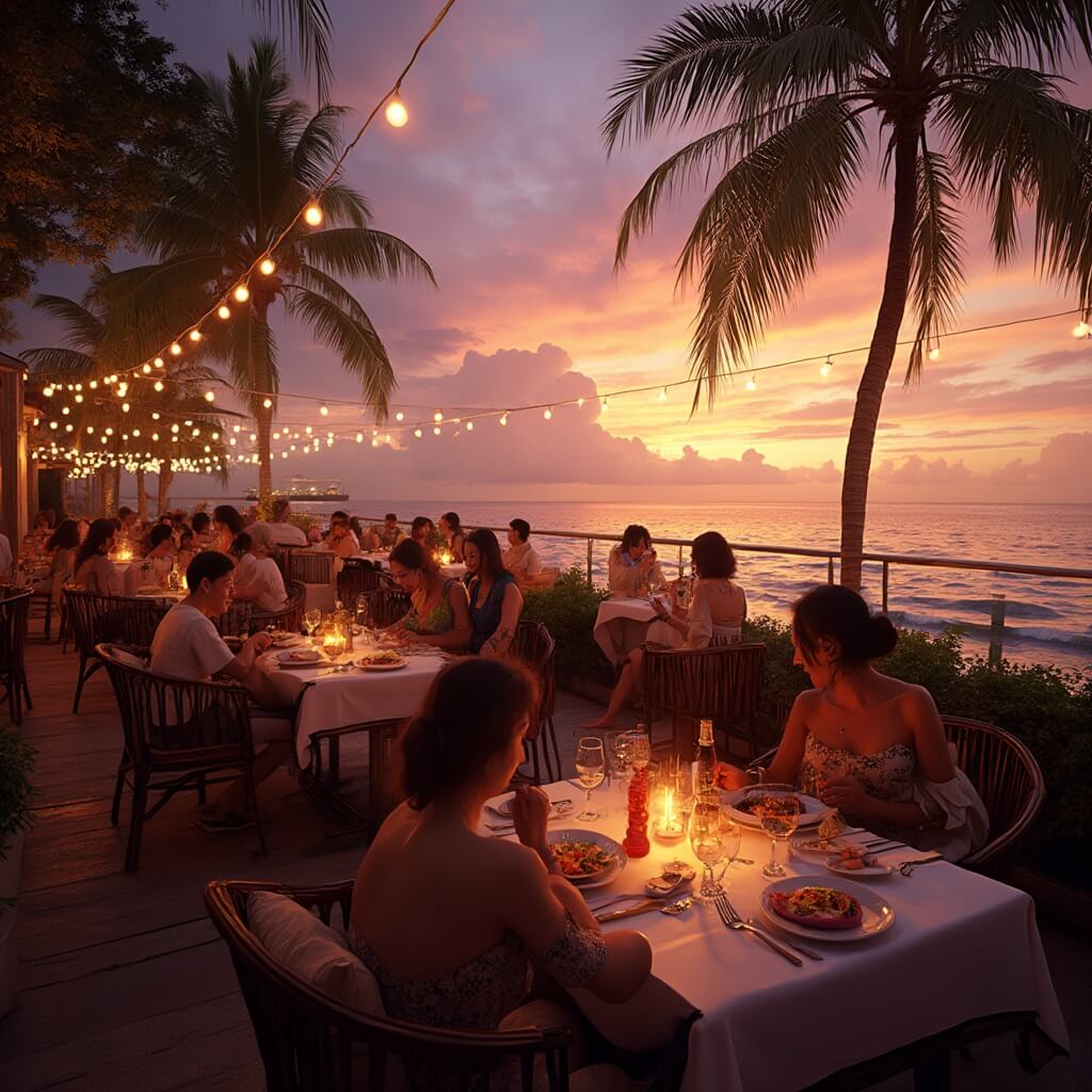 Diners enjoying fusion cuisine on a terrace of a waterfront restaurant in Miami at sunset, with string lights, swaying palm trees, and a vibrant orange and pink sky.